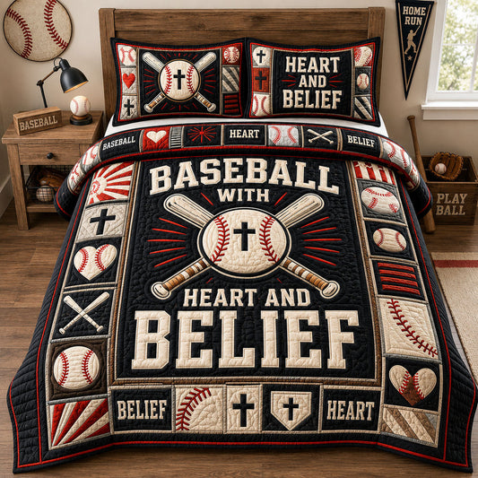 Baseball With Heart And Belief 3-Piece Quilted Bedding Set  GFTOHNL1478