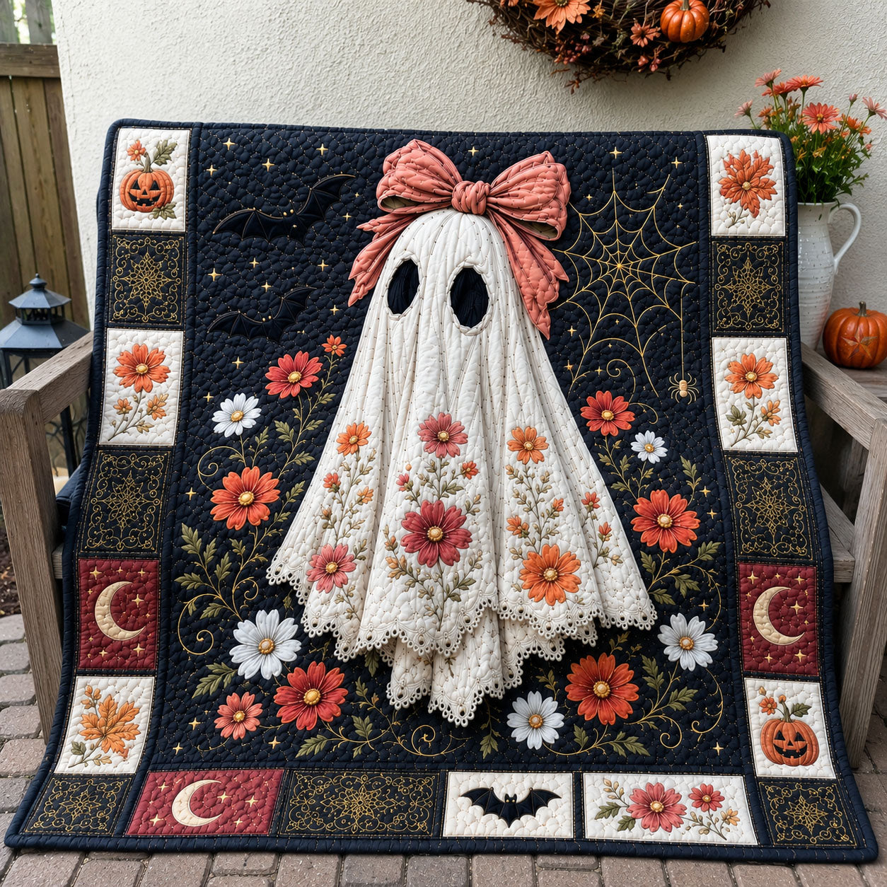 Floral Bow Ghost Halloween Quilted Blanket GFTOHNL1481