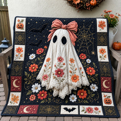 Floral Bow Ghost Halloween Quilted Blanket GFTOHNL1481