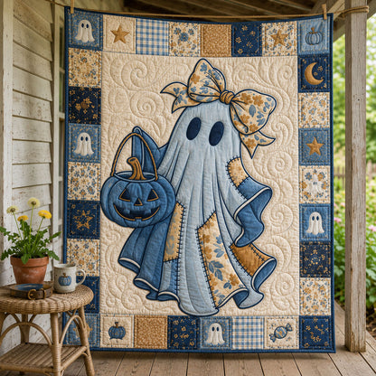 Blue Pumpkin Ghost Halloween Quilted Blanket GFTOHNL1483