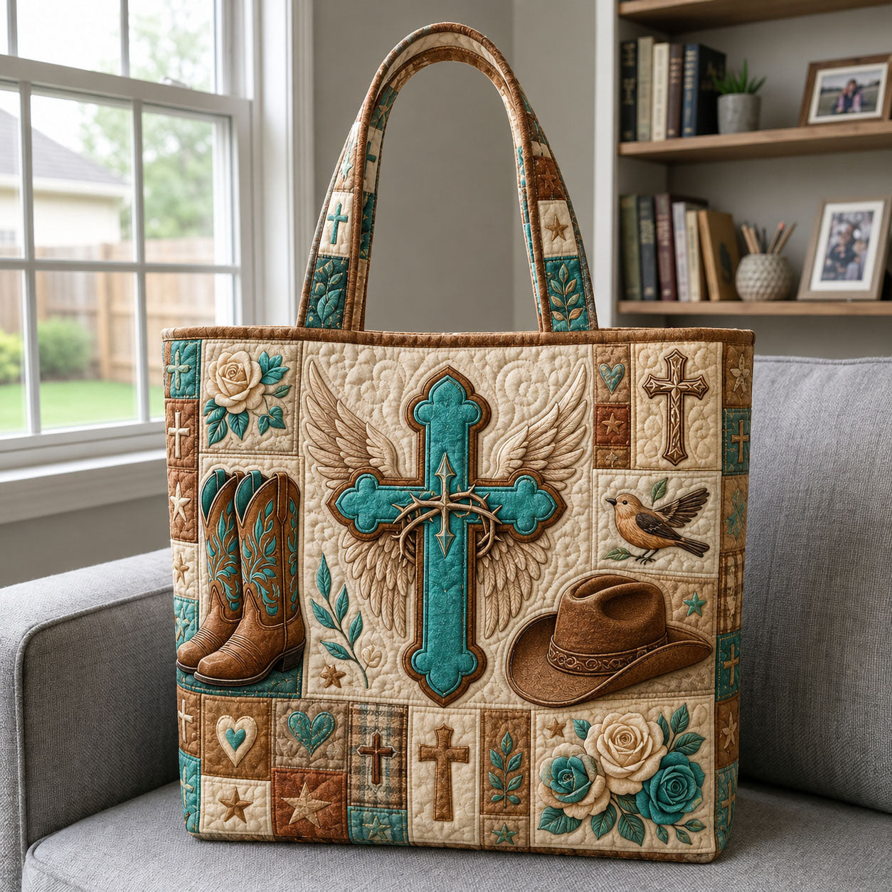 Turquoise Cross Western Faith Quilted Tote Bag GFTOHNL1488