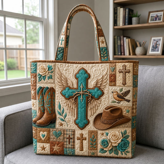 Turquoise Cross Western Faith Quilted Tote Bag GFTOHNL1488
