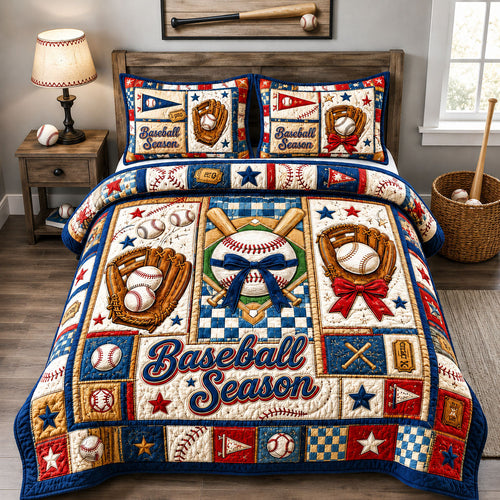 Baseball Season Patchwork 3-Piece Quilted Bedding Set GFTOHNL1557