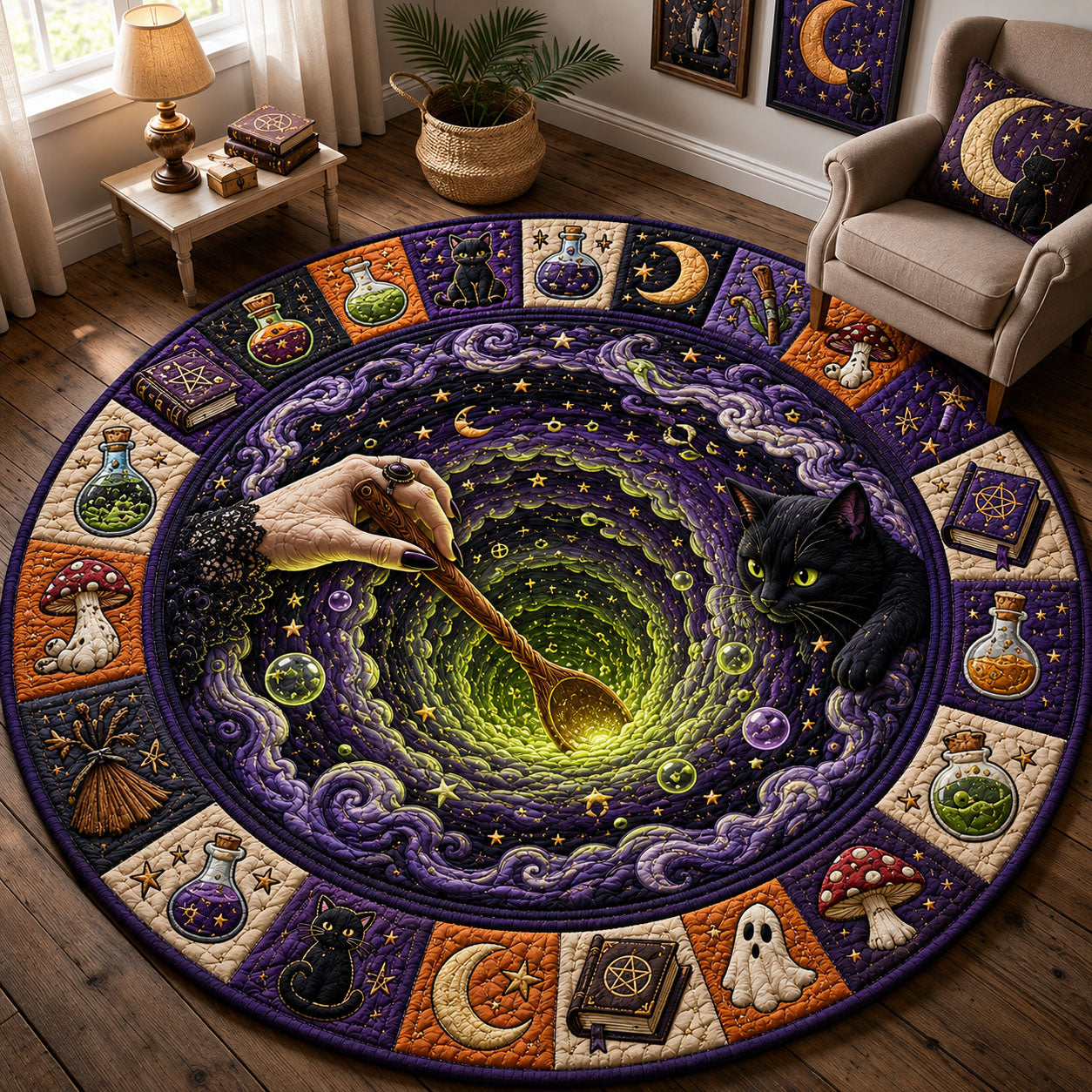 Black Cat Witchs Cauldron Quilted Round Mat GFTOHNL1593