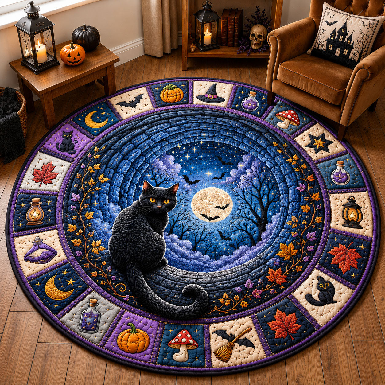 Midnight Black Cat Moonlit Quilted Round Mat GFTOHNL1594