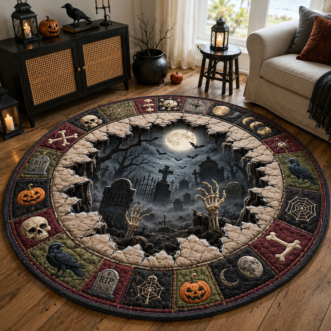 Haunted Graveyard Moonlight Quilted Round Mat GFTOHNL1596