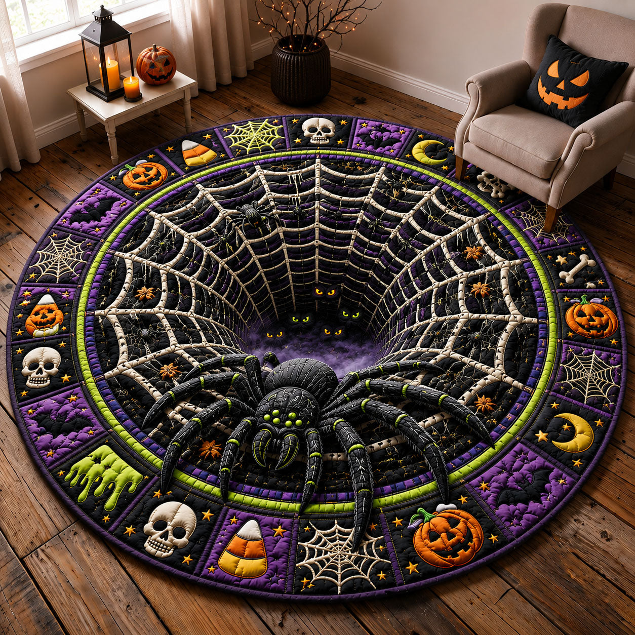 Giant Spider Web Halloween Quilted Round Mat GFTOHNL1597
