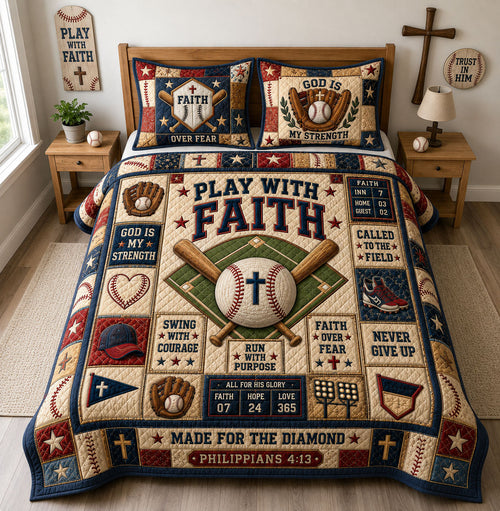 Play With Faith Baseball Christian 3-Piece Quilted Bedding Set GFTOHNL1640