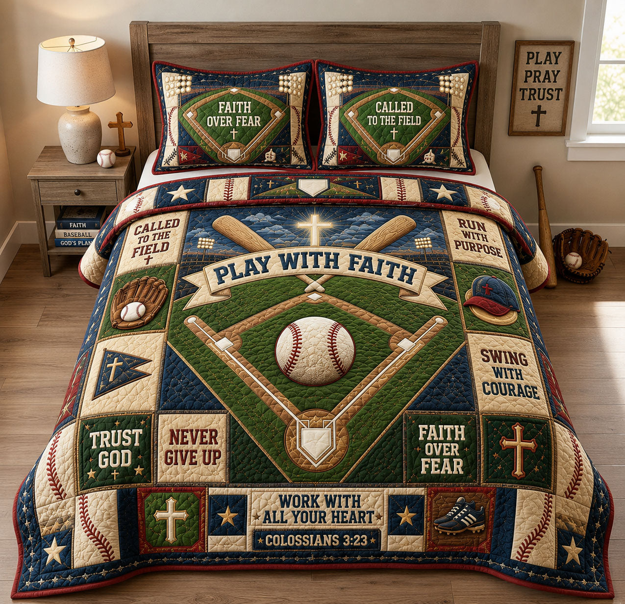Play With Faith Baseball Field Christian 3-Piece Quilted Bedding Set GFTOHNL1642