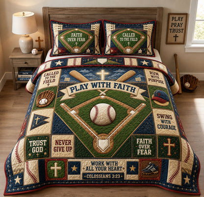 Play With Faith Baseball Field Christian 3-Piece Quilted Bedding Set GFTOHNL1642