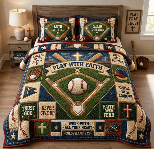 Play With Faith Baseball Field Christian 3-Piece Quilted Bedding Set GFTOHNL1642