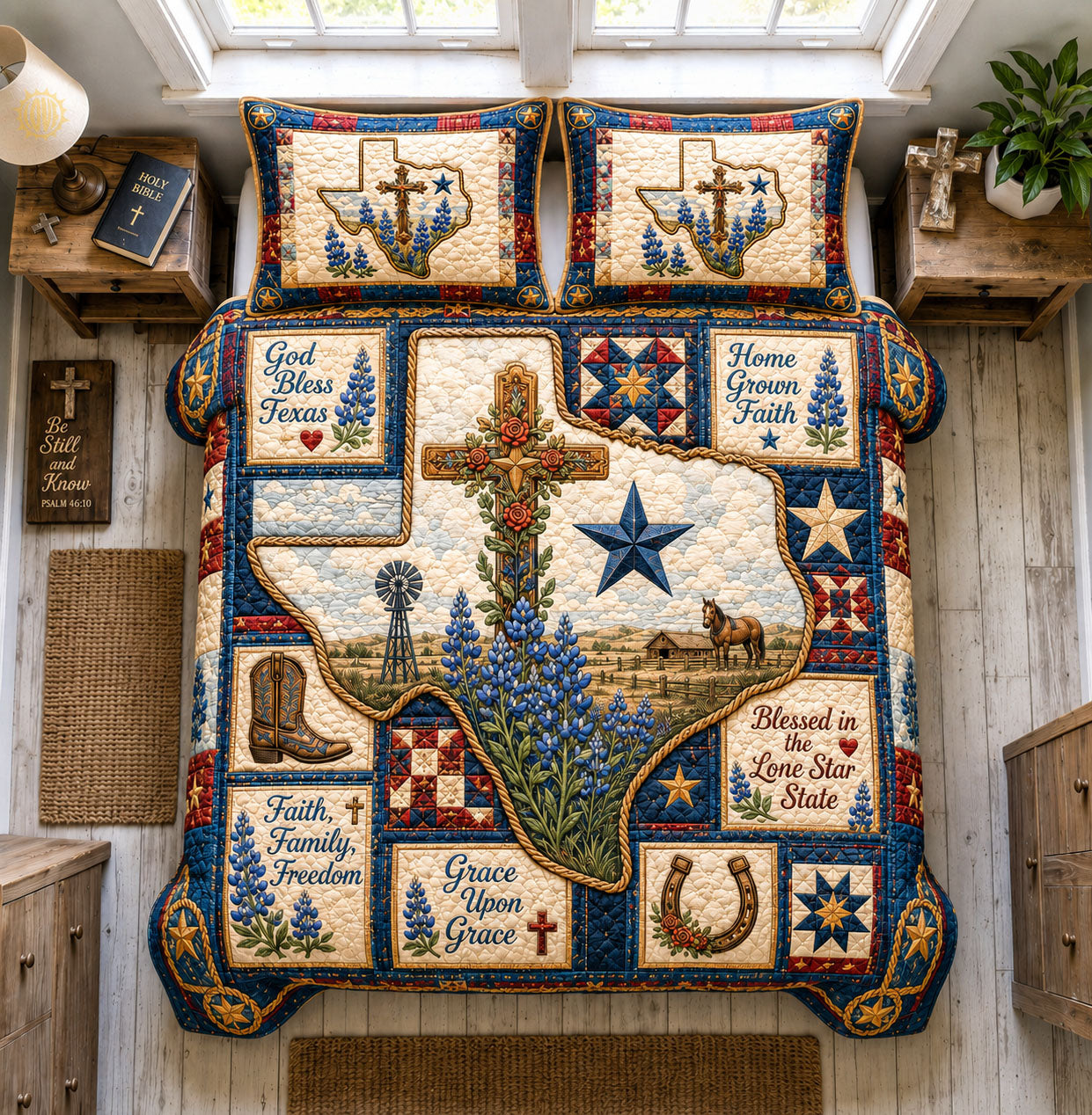 God Bless Texas Bluebonnet Cross 3-Piece Quilted Bedding Set GFTOHNL1647