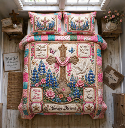 Faith Blooms In Texas Floral Cross 3-Piece Quilted Bedding Set GFTOHNL1651