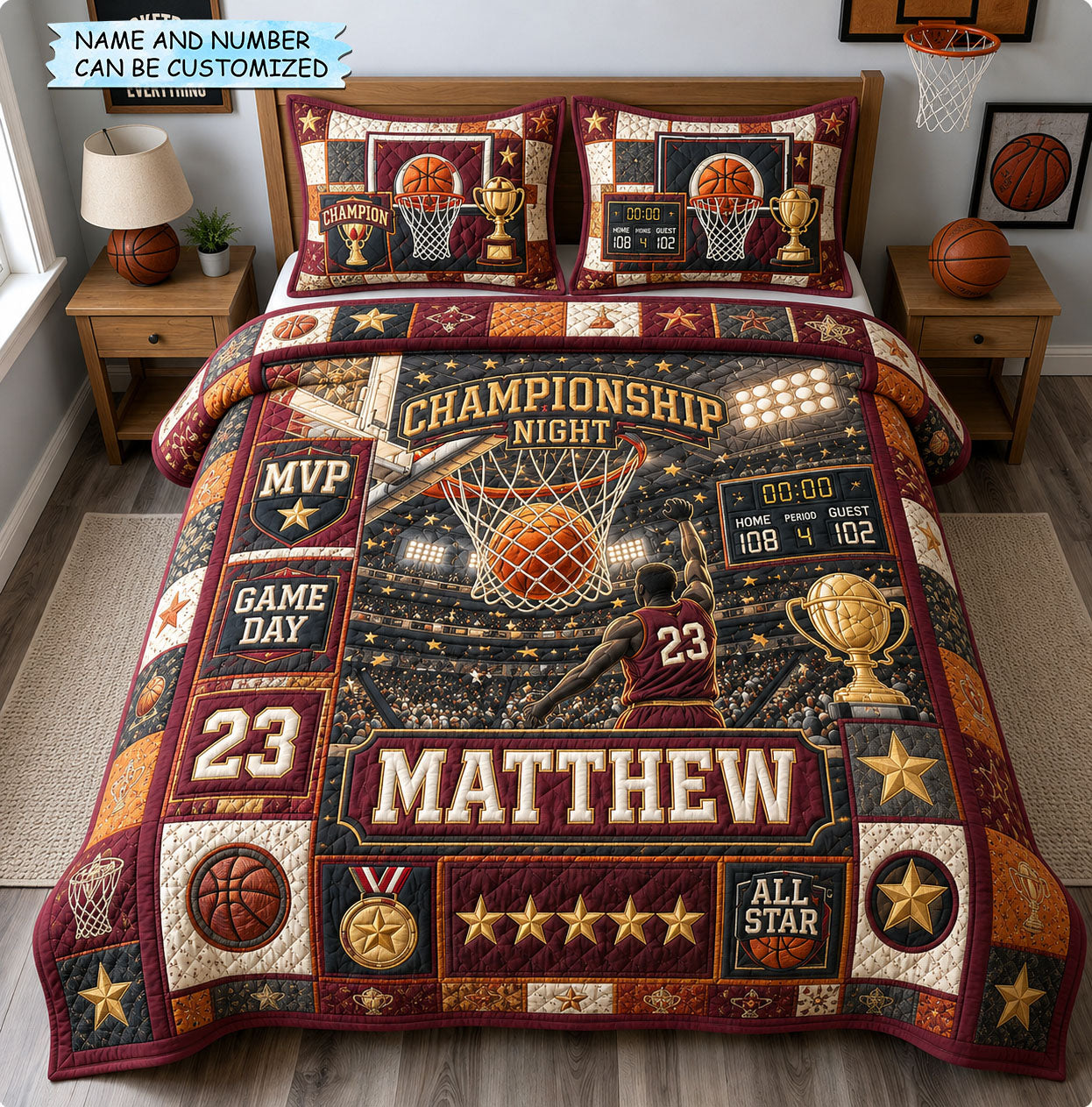 Personalized Championship Night Basketball 3-Piece Quilted Bedding Set QTCUZ GFTOHNL1677