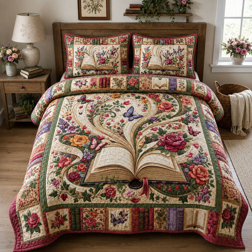 Enchanted Floral Book 3-Piece Quilted Bedding Set GFTOHNL1687