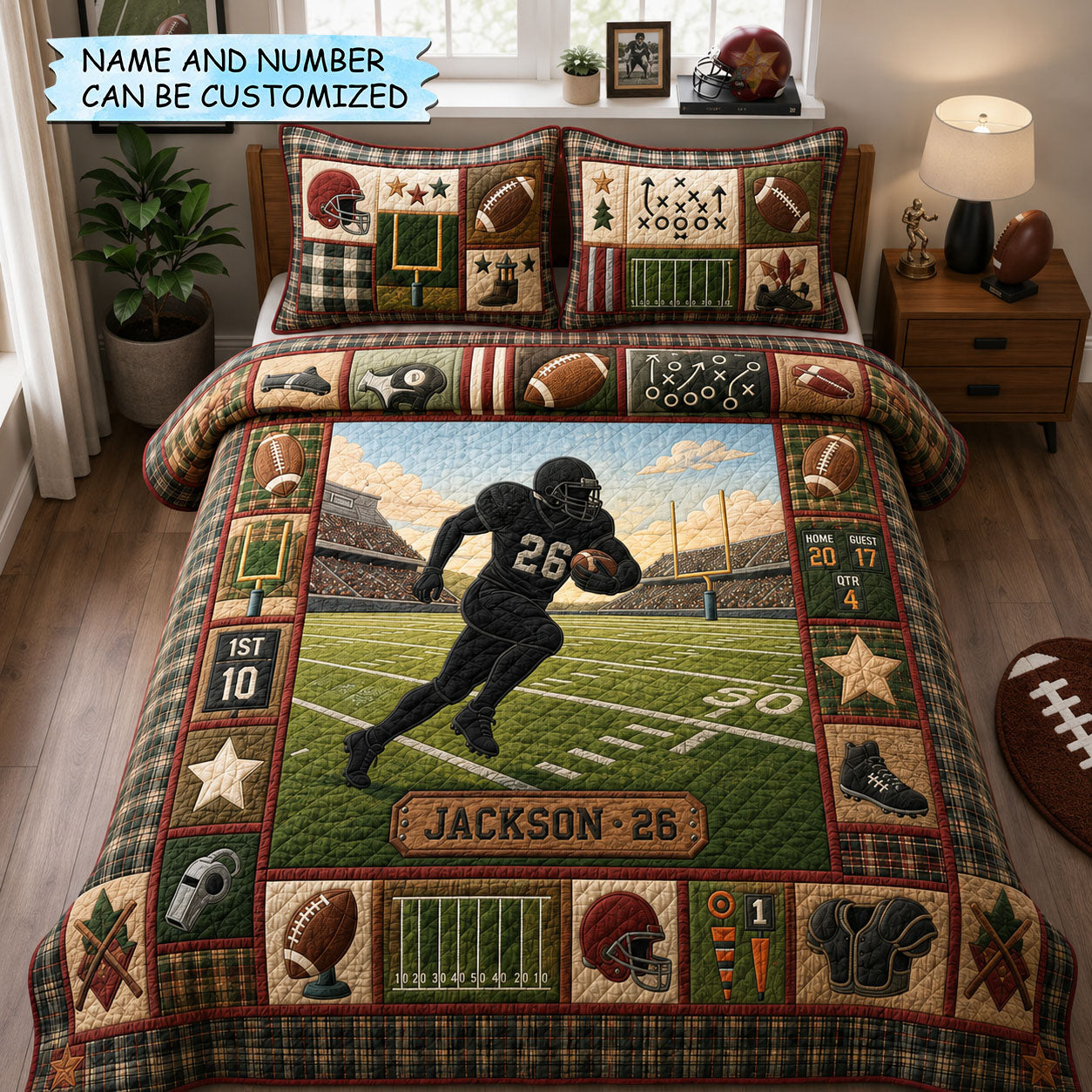 Personalized Football Running Player 3-Piece Quilted Bedding Set QTCUZ GFTOHNL1825