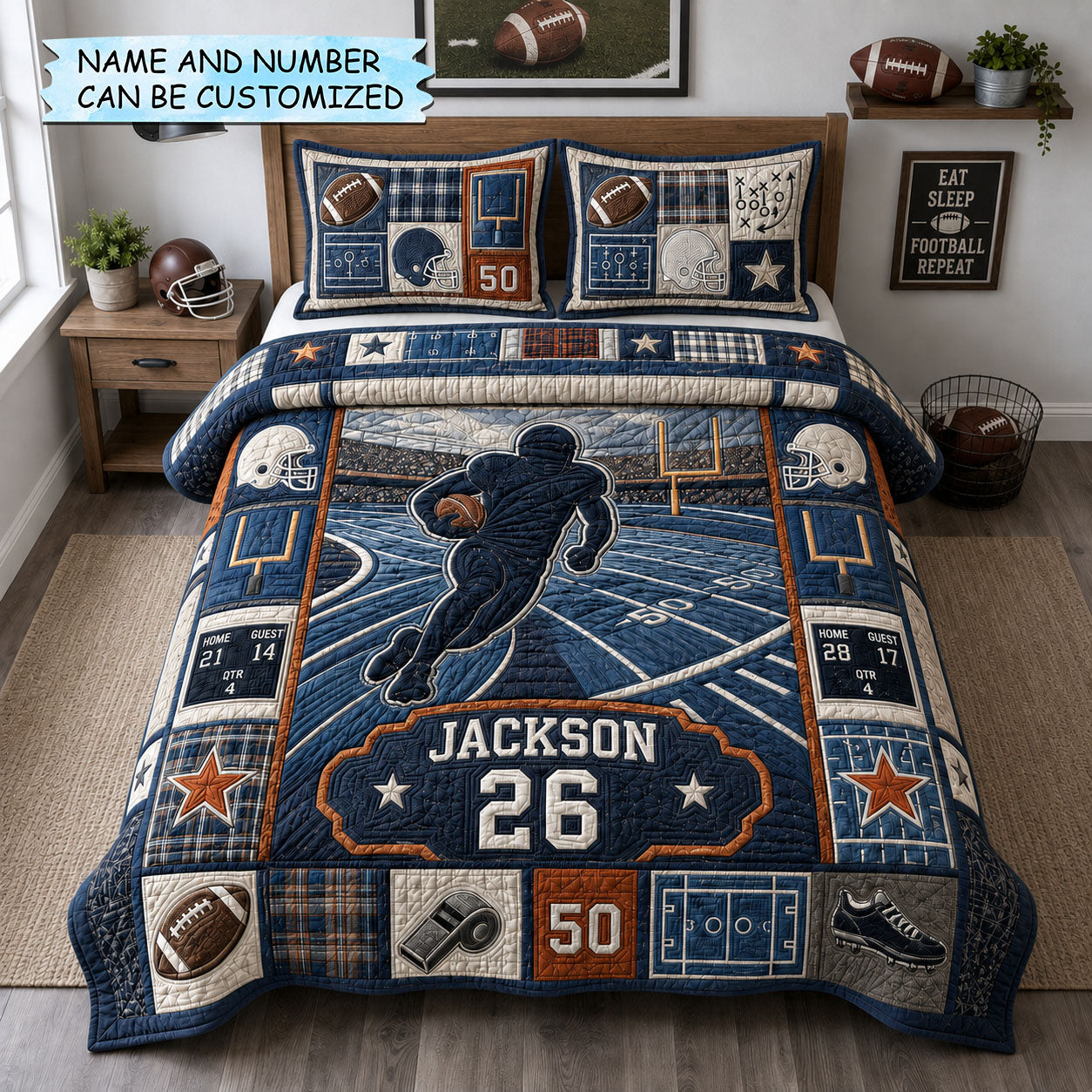 Personalized Football Action Runner 3-Piece Quilted Bedding Set QTCUZ GFTOHNL1826