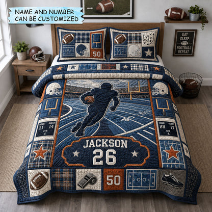 Personalized Football Action Runner 3-Piece Quilted Bedding Set QTCUZ GFTOHNL1826