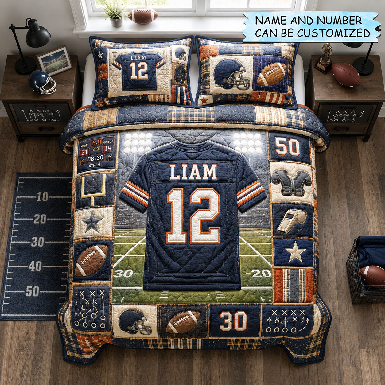 Personalized Football Jersey Quilted 3-Piece Quilted Bedding Set QTCUZ GFTOHNL1827
