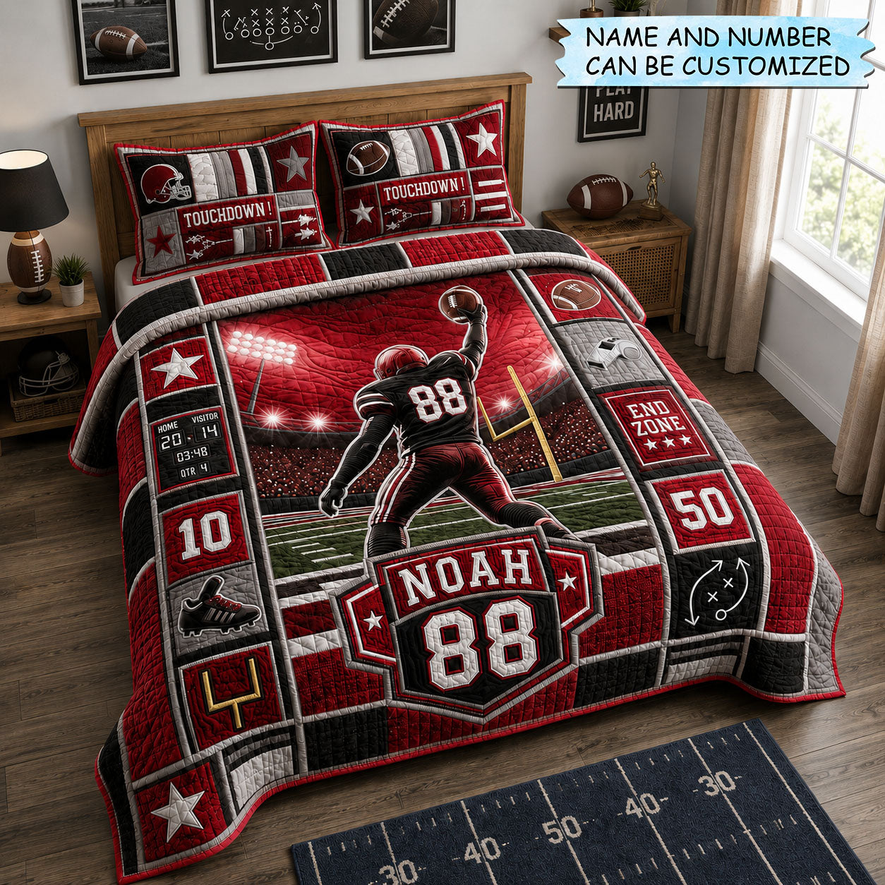Personalized Touchdown Football 3-Piece Quilted Bedding Set QTCUZ GFTOHNL1828