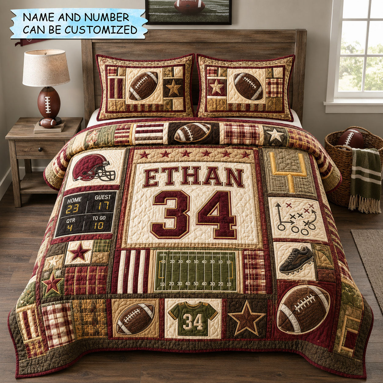 Personalized Classic Football Patchwork 3-Piece Quilted Bedding Set QTCUZ GFTOHNL1829