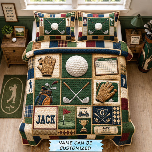 Tee Time Legacy Personalized Golf 3-Piece Quilted Bedding Set QTCUZ GFTOHNL1896