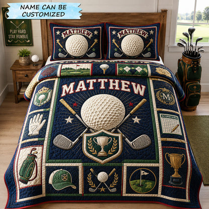 Champion Crest Personalized Golf 3-Piece Quilted Bedding Set QTCUZ GFTOHNL1897