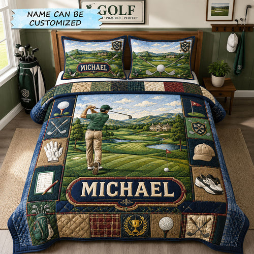 Mountain Fairway Escape Personalized Golf 3-Piece Quilted Bedding Set QTCUZ GFTOHNL1898