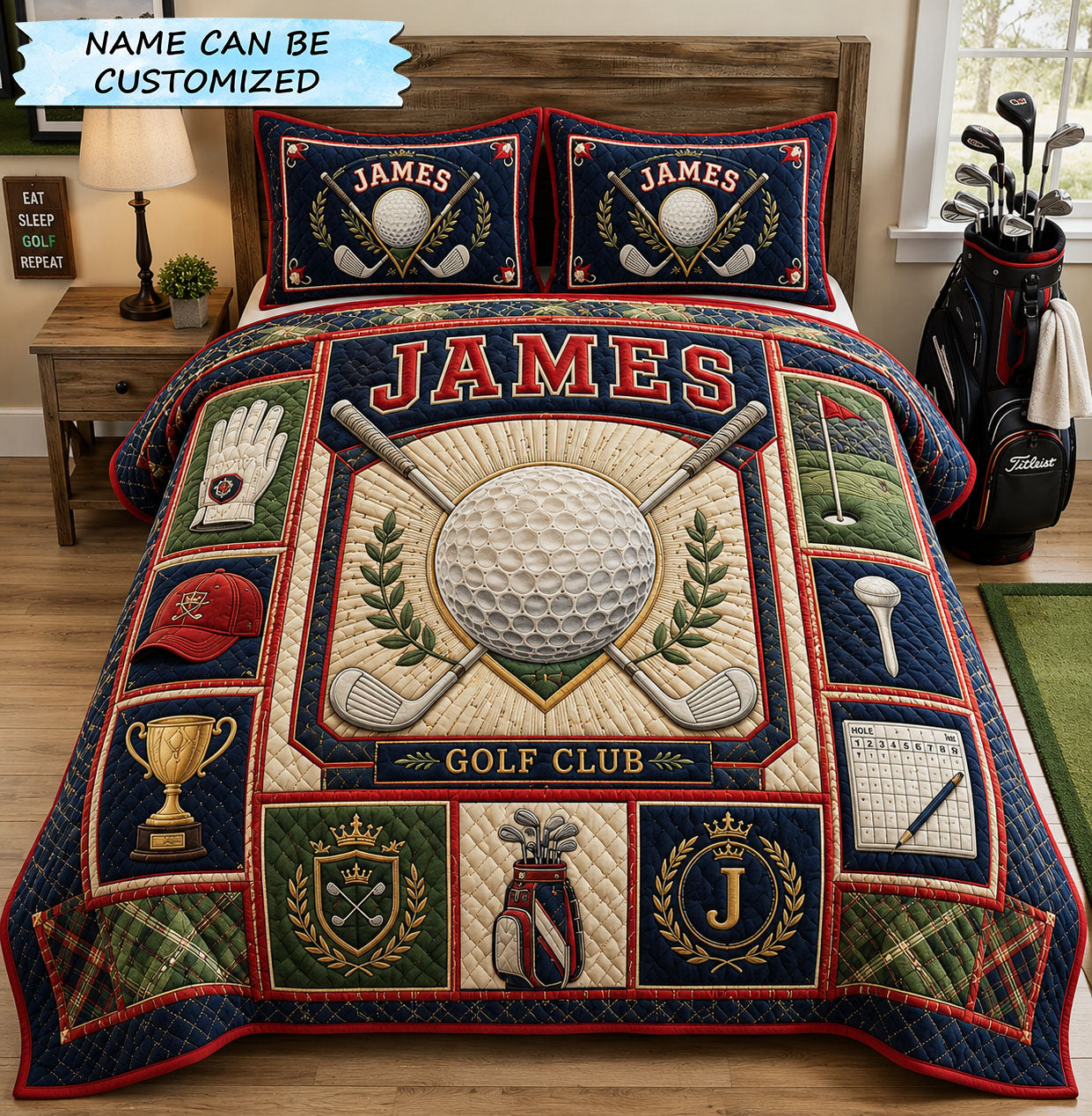 Victory Drive Personalized Golf 3-Piece Quilted Bedding Set QTCUZ GFTOHNL1899