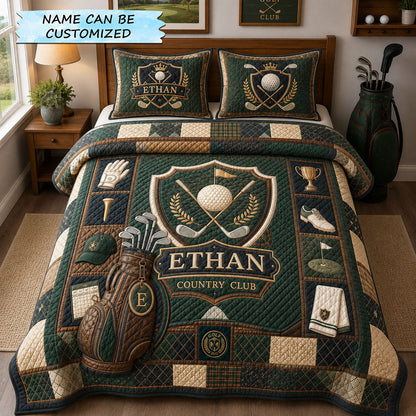 Country Club Crest Personalized Golf 3-Piece Quilted Bedding Set QTCUZ GFTOHNL1902