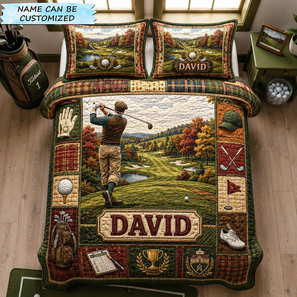 Autumn Fairway Legacy Personalized Golf 3-Piece Quilted Bedding Set QTCUZ GFTOHNL1903