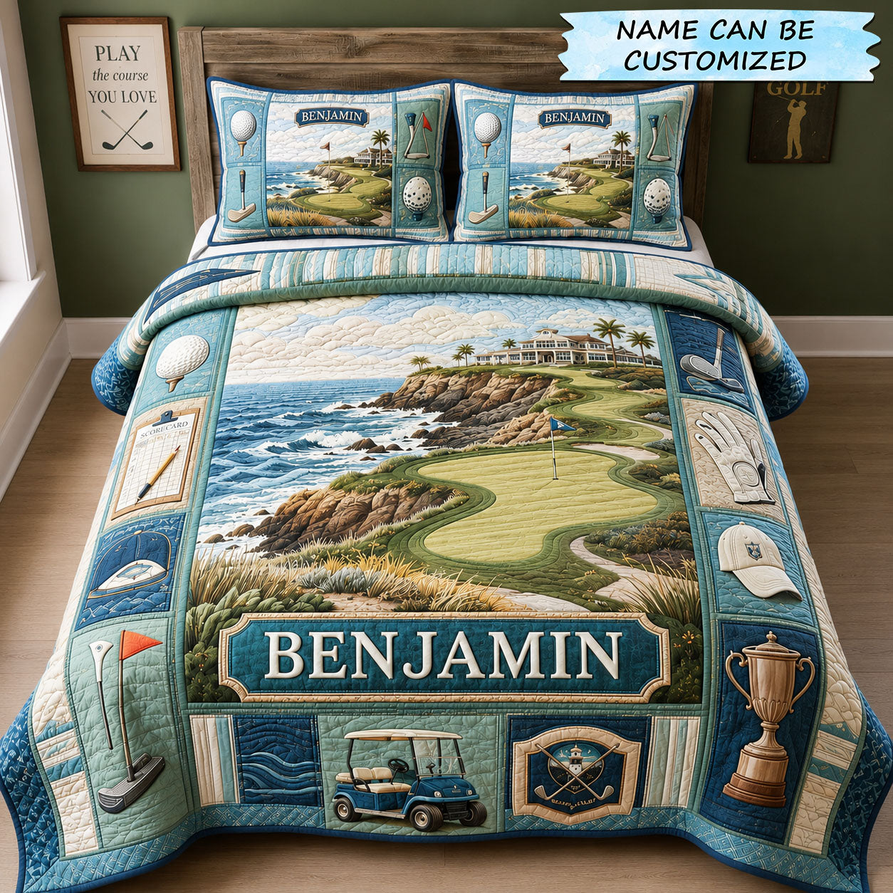 Coastal Fairway Escape Personalized Golf 3-Piece Quilted Bedding Set QTCUZ GFTOHNL1904