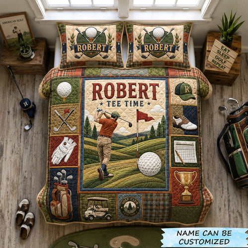 Tee Time Journey Personalized Golf 3-Piece Quilted Bedding Set QTCUZ GFTOHNL1907