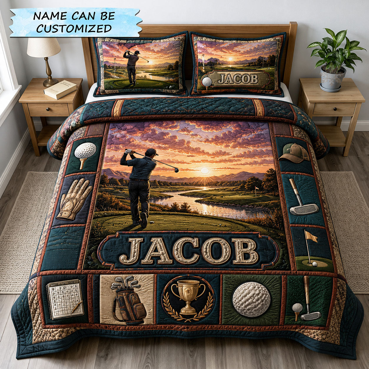 Sunset Fairway Dreams Personalized Golf 3-Piece Quilted Bedding Set QTCUZ GFTOHNL1908