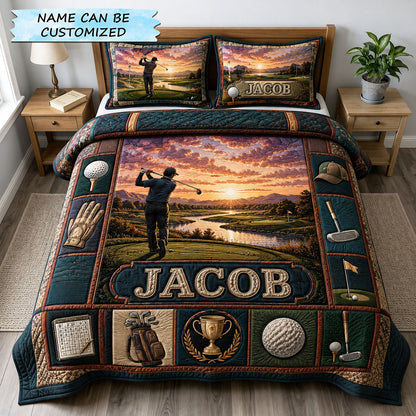 Sunset Fairway Dreams Personalized Golf 3-Piece Quilted Bedding Set QTCUZ GFTOHNL1908