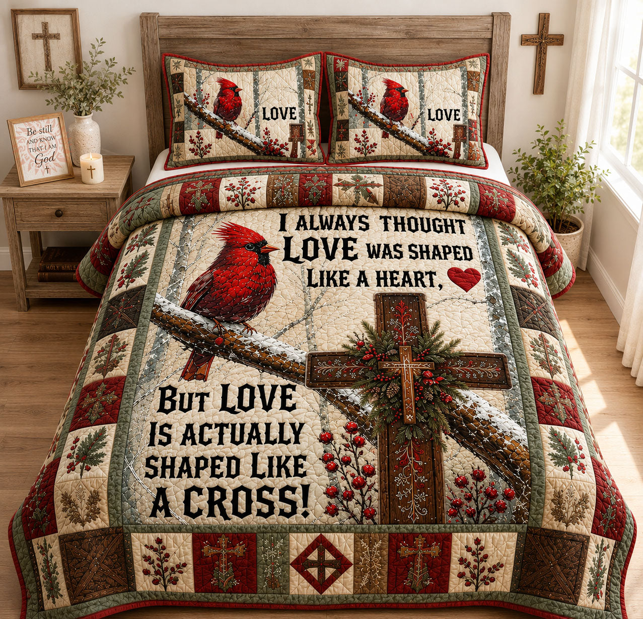 Love Shaped Like A Cross 3-Piece Quilted Bedding Set GFTOHNL1936