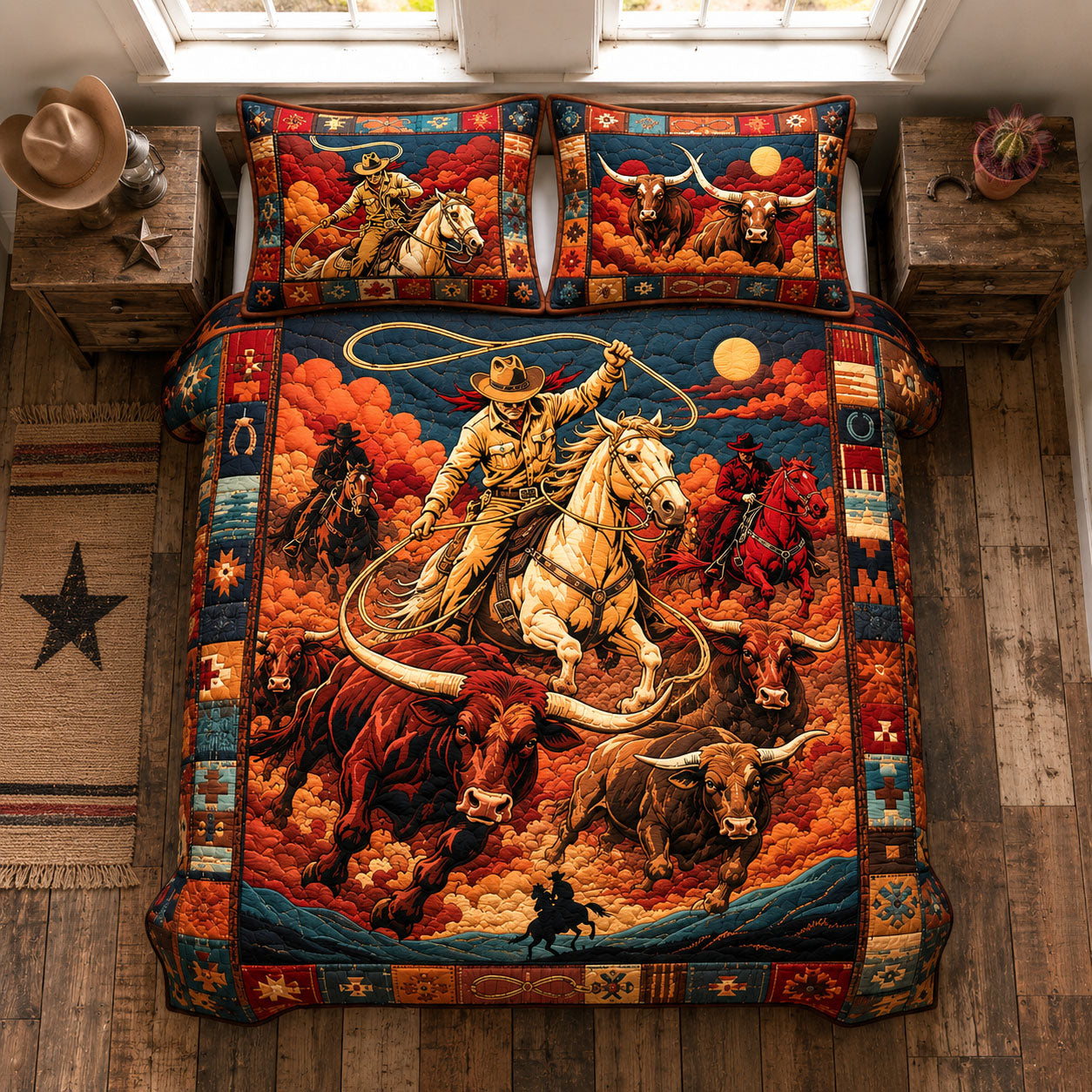 Texas Cattle Roundup 3-Piece Quilted Bedding Set GFTOHNL1977