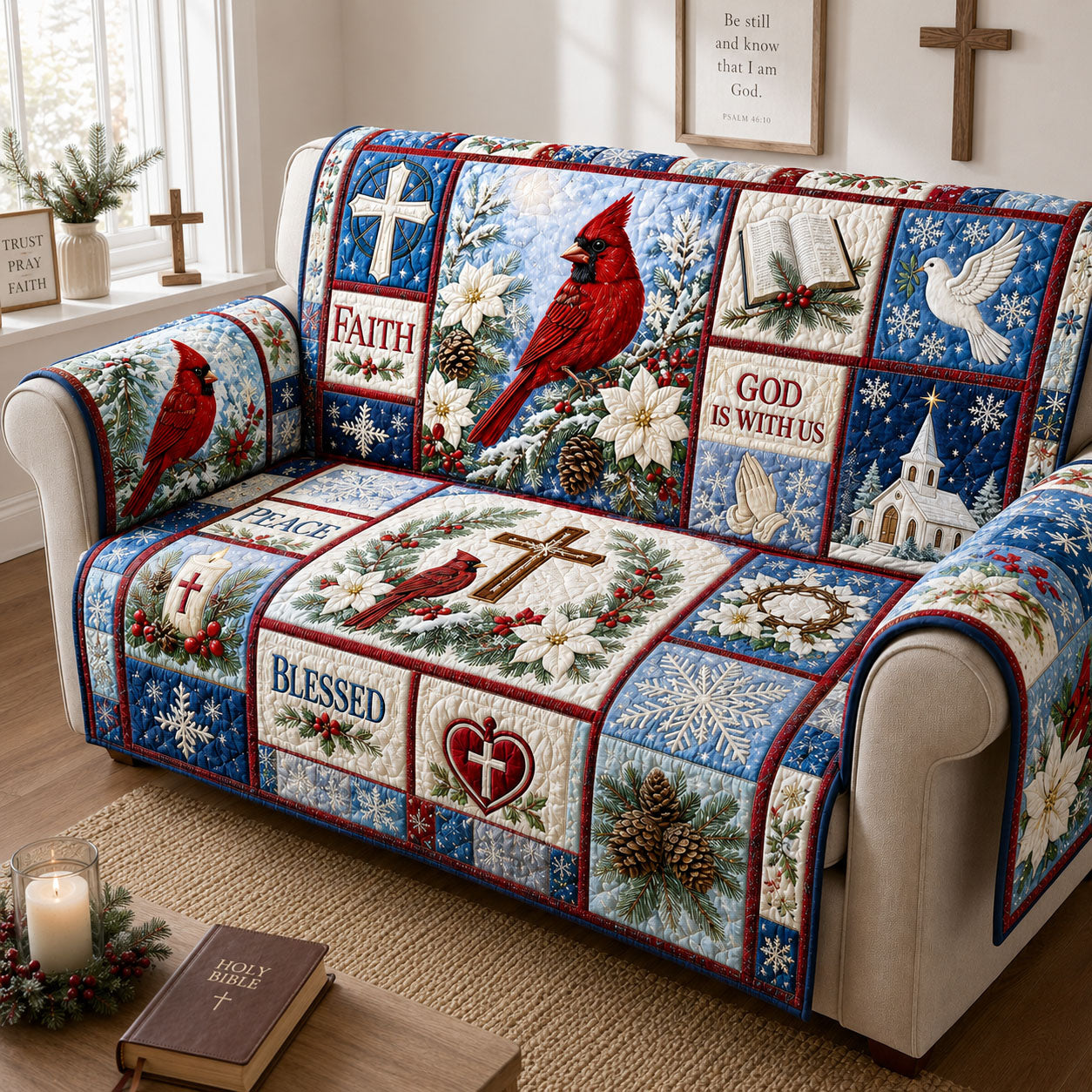 God Is With Us Winter Cardinal Quilted Sofa Cover GFTOHNL2020