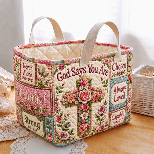 God Says You Are Floral Cross Quilted Storage Basket GFTOHNL2025