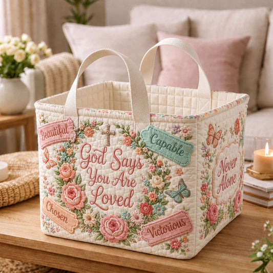 God Says You Are Loved Floral Quilted Storage Basket GFTOHNL2028