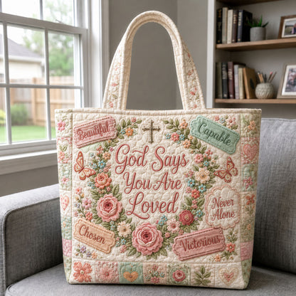 God Says You Are Loved Floral Quilted Tote Bag GFTOHNL2028 C1