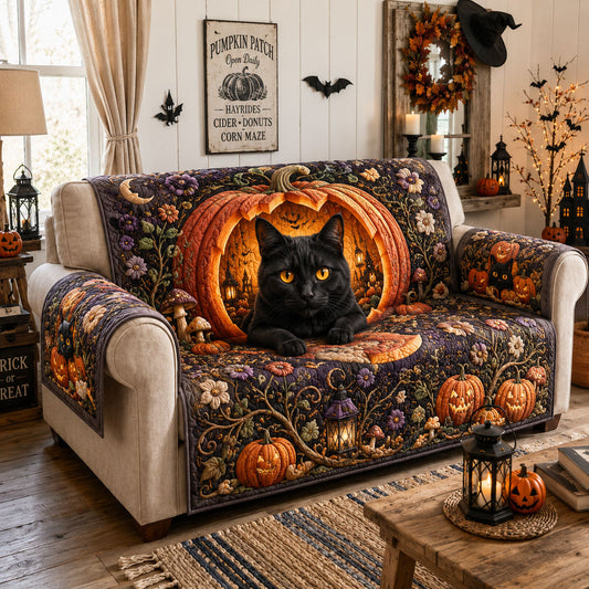 Pumpkin Portal Guardian Cat Quilted Sofa Cover GFTOHNL2096