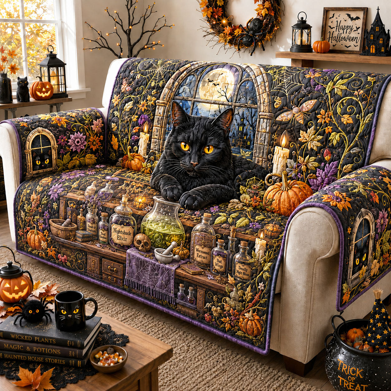 Witchcraft Potion Cat Workshop Quilted Sofa Cover GFTOHNL2097