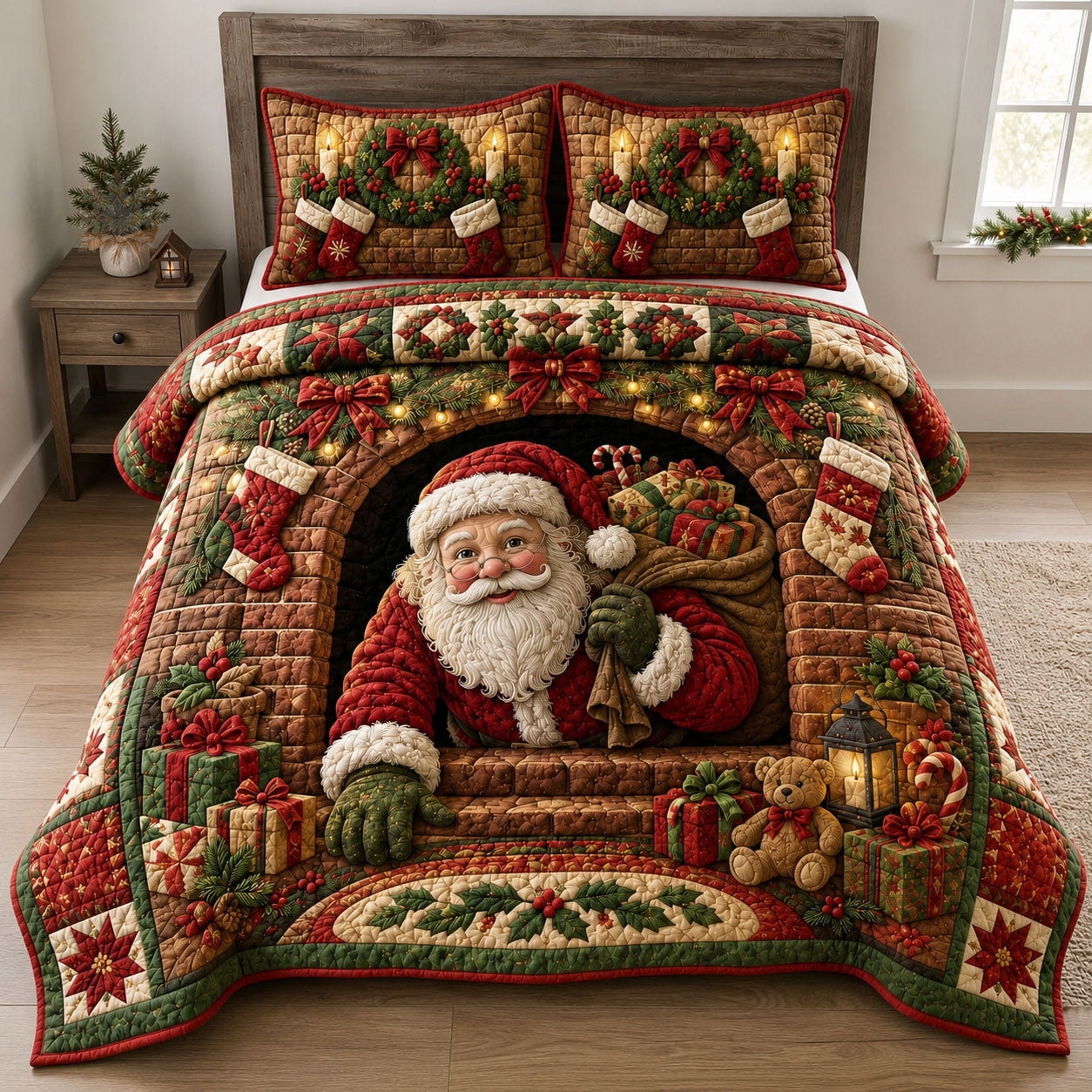 Santa Hearth Blessing 3-Piece Quilted Bedding Set GFTOHNL2219