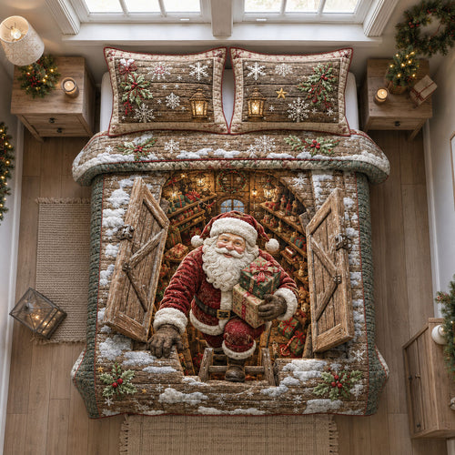 Santa Workshop Doorway 3-Piece Quilted Bedding Set GFTOHNL2225