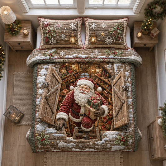 Santa Workshop Doorway 3-Piece Quilted Bedding Set GFTOHNL2225