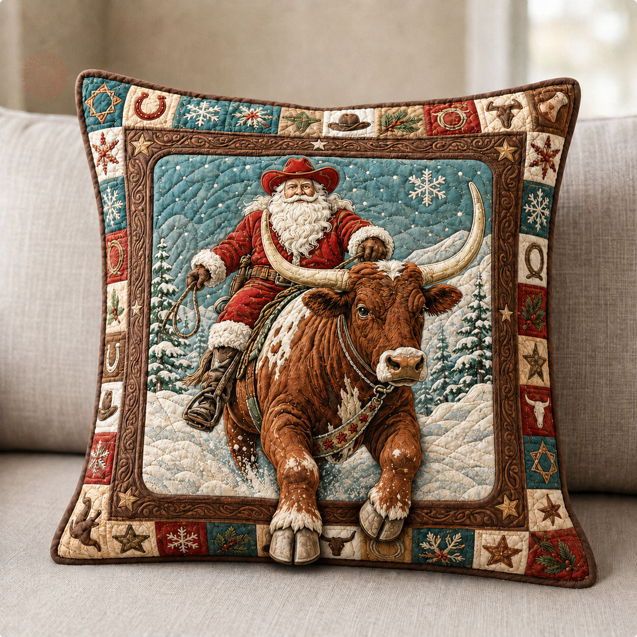 Cowboy Santa Longhorn Christmas Quilted Pillow Case GFTOHNL2271
