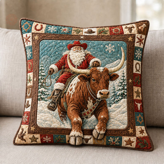 Cowboy Santa Longhorn Christmas Quilted Pillow Case GFTOHNL2271