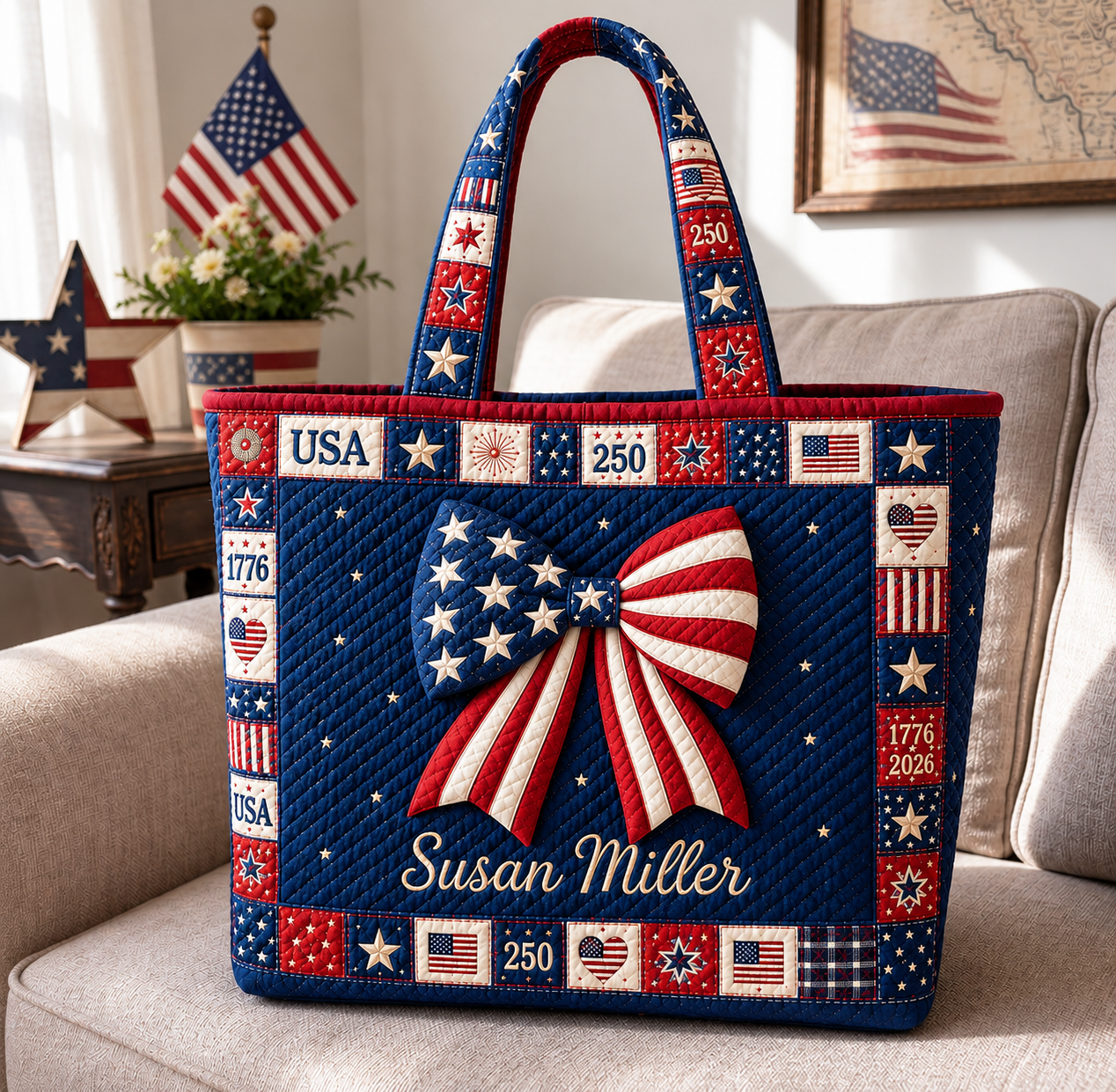 Patriotic Bow America 250 Quilted Tote Bag GFTOHNL228