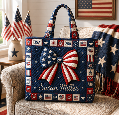Patriotic Bow America 250 Quilted Tote Bag GFTOHNL228